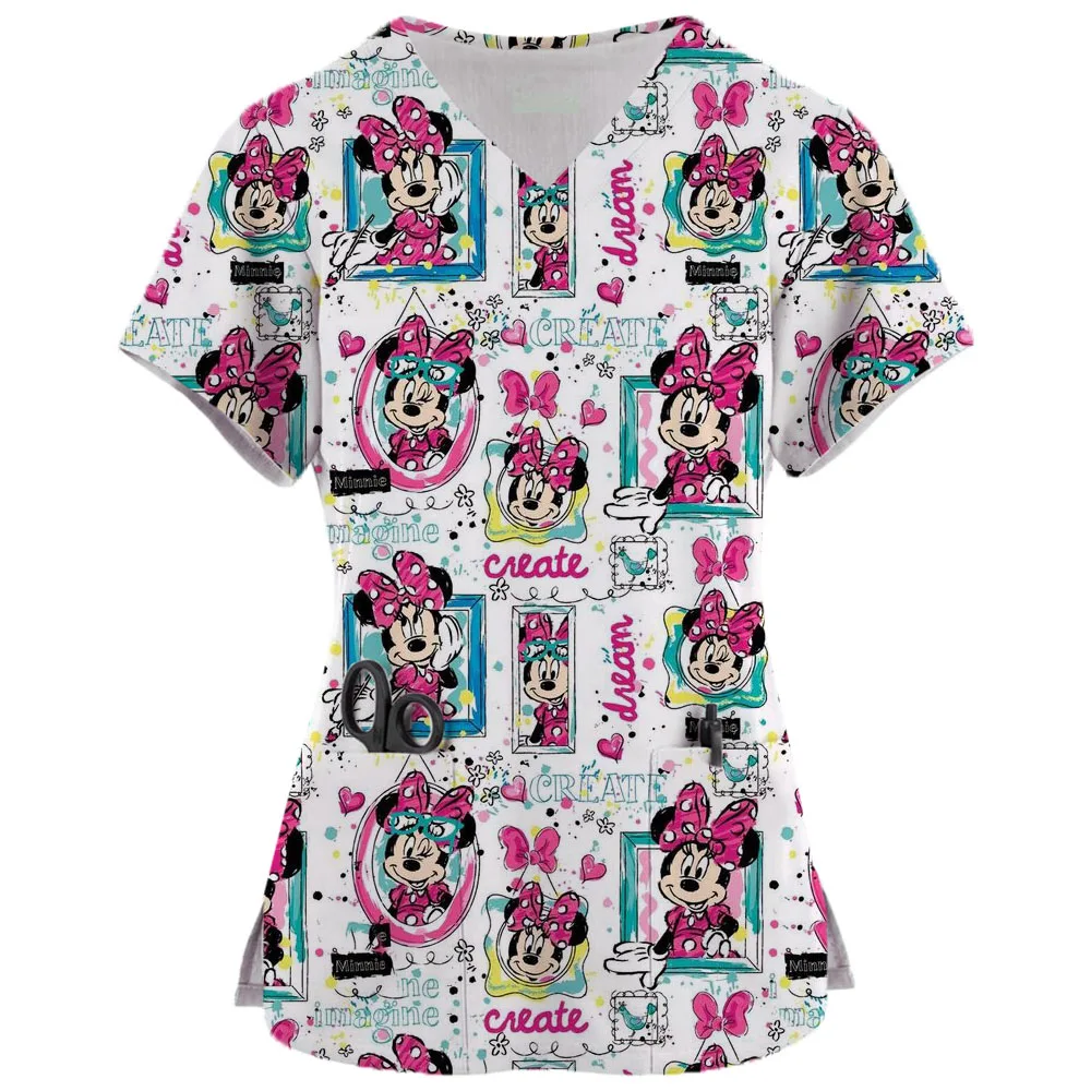 2024Scrub Tops Women Disney Minnie Print Dentist Working Uniform Nurse Scrub Uniformes Medicos Para Mujer Tooth Hospital Workwea