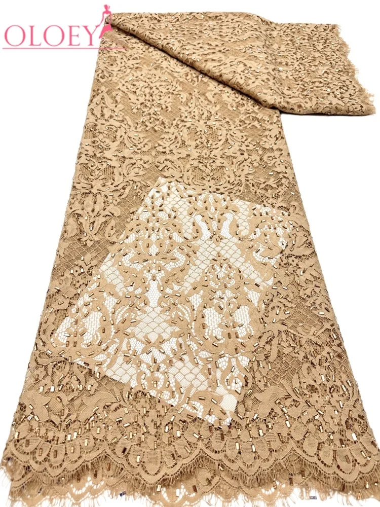 OLOEY Luxury African Sequin Lace Fabric High Quality Sequins Embroidery Beaded Mesh For Women Wedding Party Dresses 3 Meters