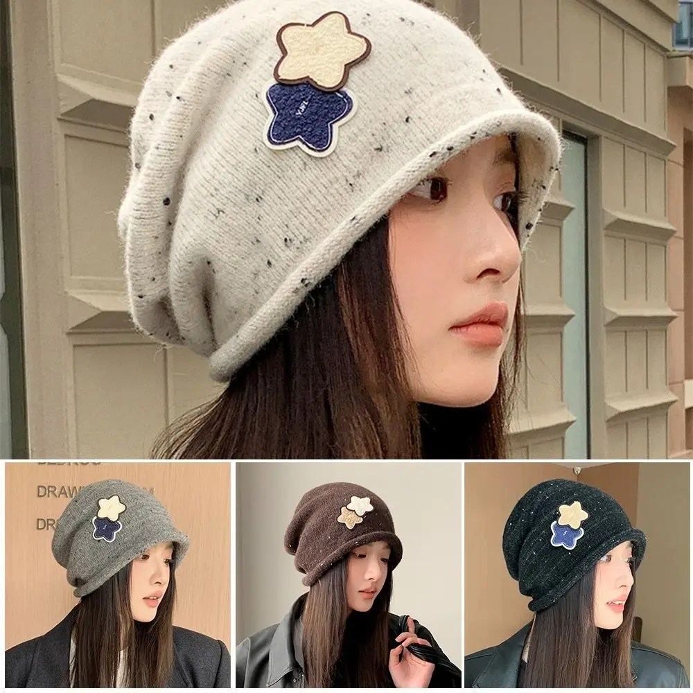 

Casual Star Knitted Beanie Cap Ear Protection Soft Pullover Hat Winter Warm Windproof Curled Edge Hood