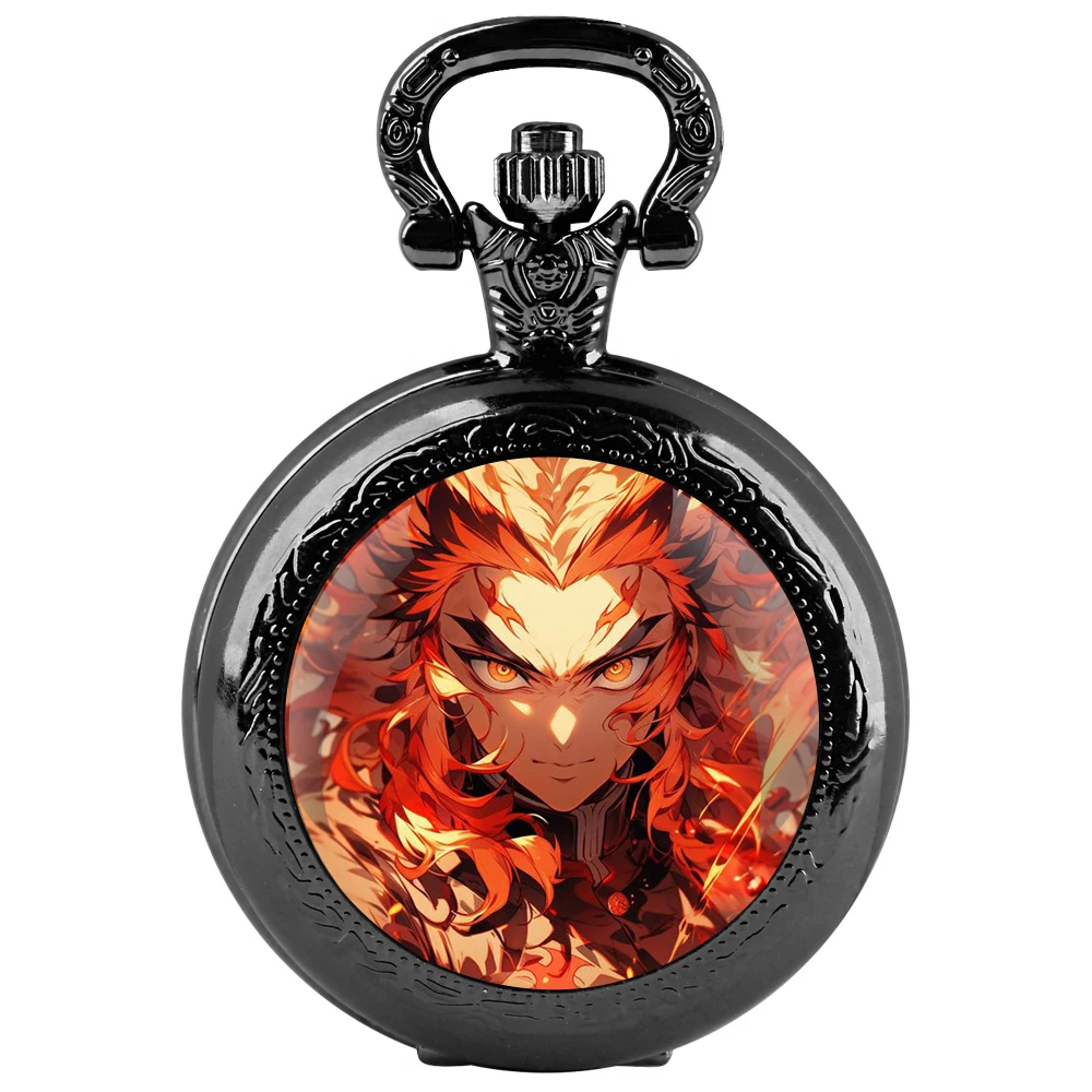 ساعة جيب كوارتز سوداء على شكل قبة زجاجية من Rengoku Kyoujurou مع قرص أرقام عربية وسلسلة متينة هدية ريترو للرجال والنساء