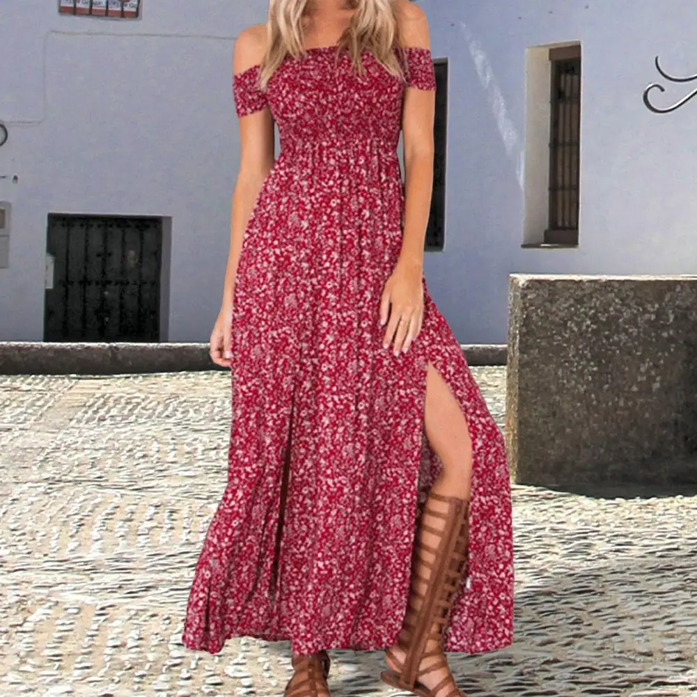 Women Dress Off Shoulder Waist Tight Double Split Hem Boho Dress Bohemian Floral Print Short Sleeve Long Dress Female Clothing