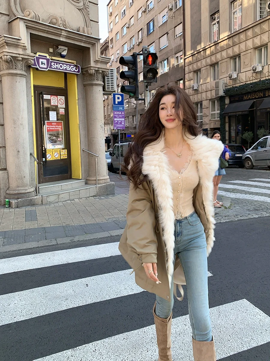 

Женская парка Achi средней длины с пуховым наполнителем, меховым воротником, теплая, на молнии, из экологичной кожи, для повседневной носки