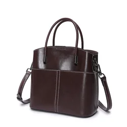 2024 Exquisite and Fashionable Versatile Oil Wax Cowhide Bucket Bag Women's Leisure Minimalist Handheld Shoulder Crossbody Bag