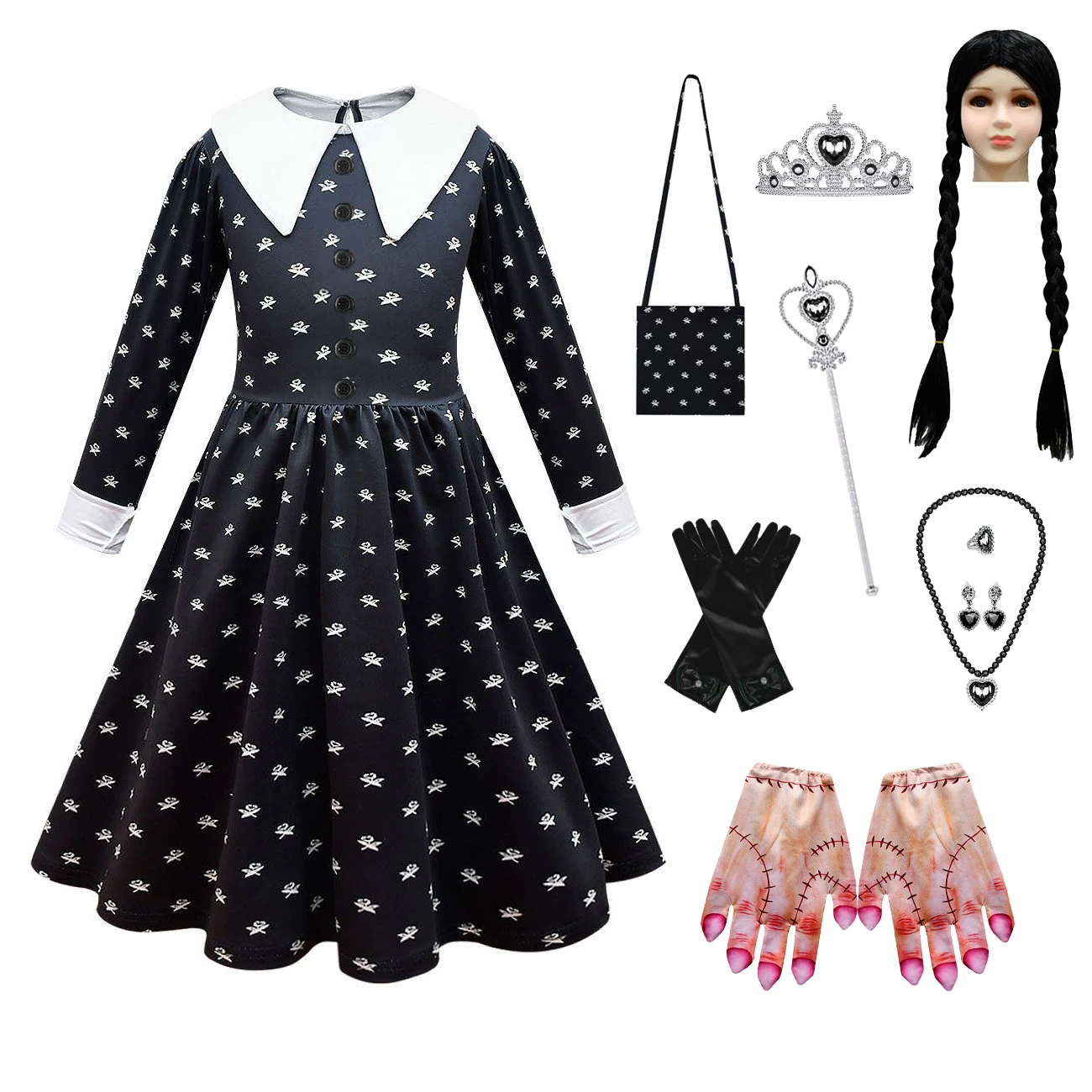 

New Kids Cosplay Costume Girls Black Printing Dress Girls Vintage Gothic Outfits Halloween Clothes Children Disquise Carnival Cl