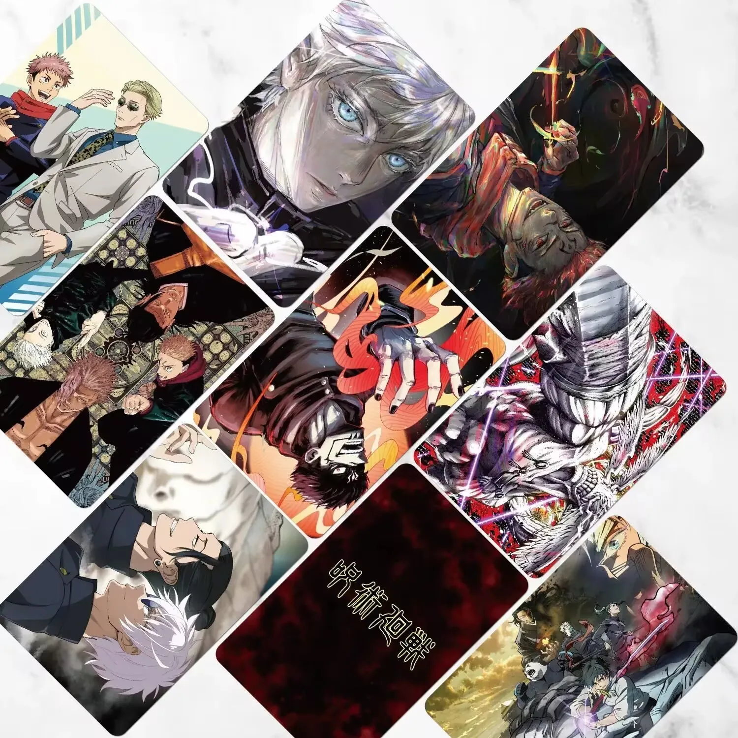 55 mini carte laser di "Jujutsu Kaisen" e carte lomo auto-stampate di cartoline periferiche anime di "Gojo Satoru e Yuji Wanju"