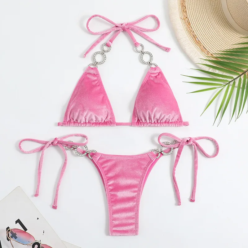 Conjunto de biquíni de veludo rosa para mulheres, biquínis triângulo, maiô sexy Halter, banho micro tanga, maiô brasileiro