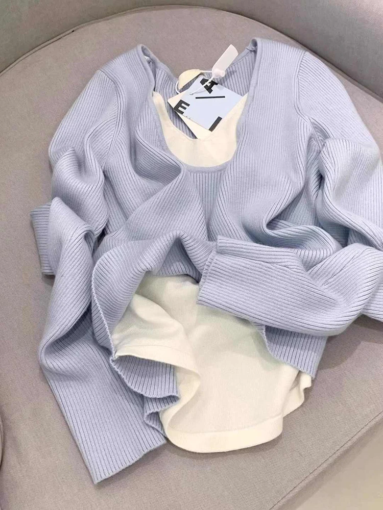 Blue Fake Two Pieces Sweater Women Spring Autumn New V-Neck Long Sleeves Elegant Knitted Pullovers Fashion Trend Undershirt