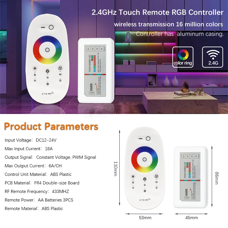 12V 24V 18A 2.4G Wireless LED Light Strip Strip/Bulb/Downlight Controller Dimmer CCT RGB COB Wall Mounted Touch Remote 2835 5050