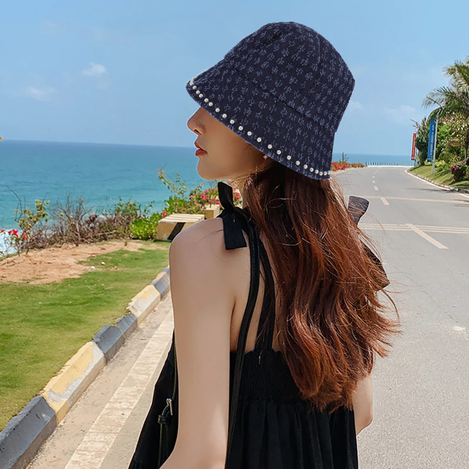 

Women Denim Pearl Fisherman Hat Fashion Lightweight Bucket Hat Casual Sun Cap for Travel Beach Outdoor Women Caps