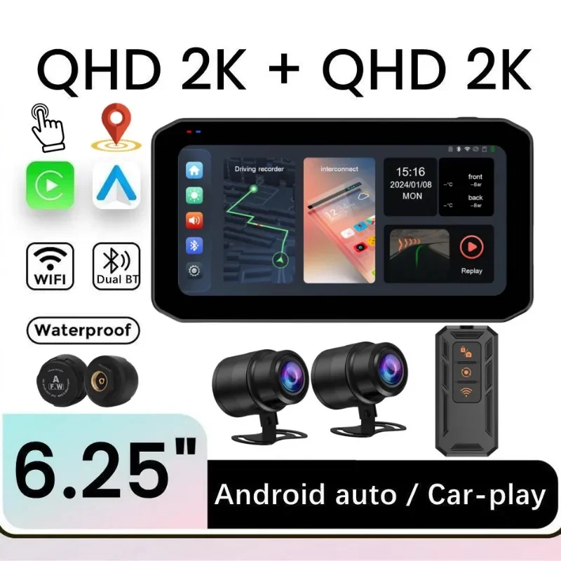 Sem fio CarPlay Android Auto Touchscreen para motocicleta, HD 2K, Bluetooth duplo, Navegação GPS, IP65 impermeável, lente frontal e traseira