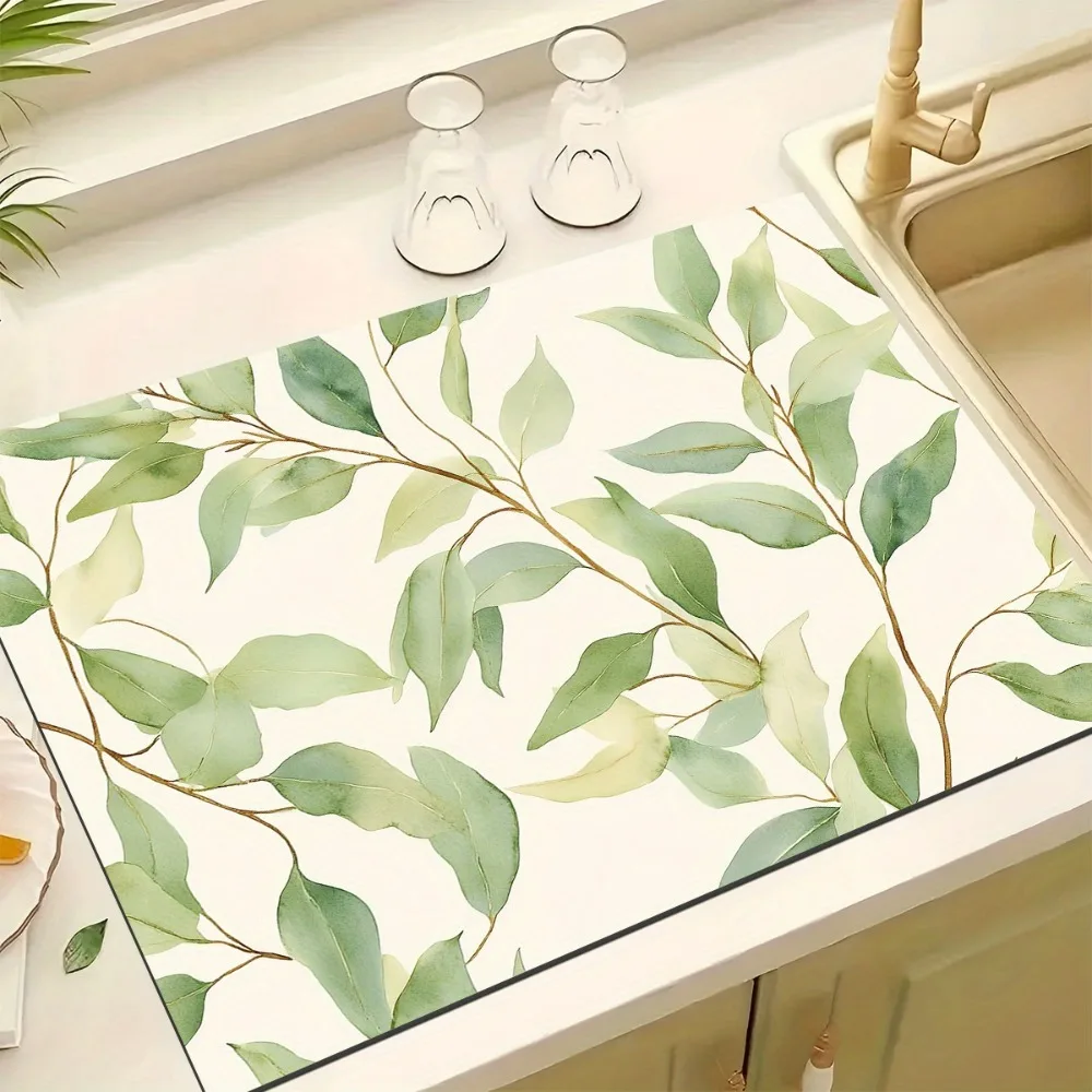 Eucalyptus Leaves Kitchen Counter Pad Fast Drying Heat Resistant Non Slip Tabletop Cup Absorbent Coffee Machine Mat