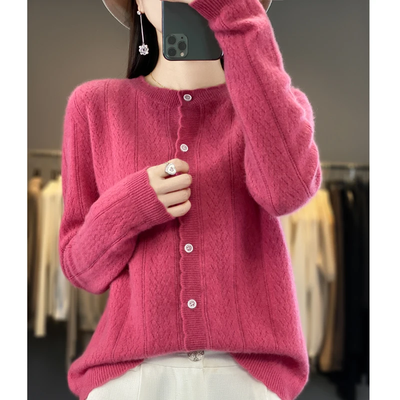 Autumn Winter Women 100% Merino Wool Sweater Lace O-neck Wheat Ear Pattern Hollow Out Cardigan Casual Knit Soft Bottoming Top