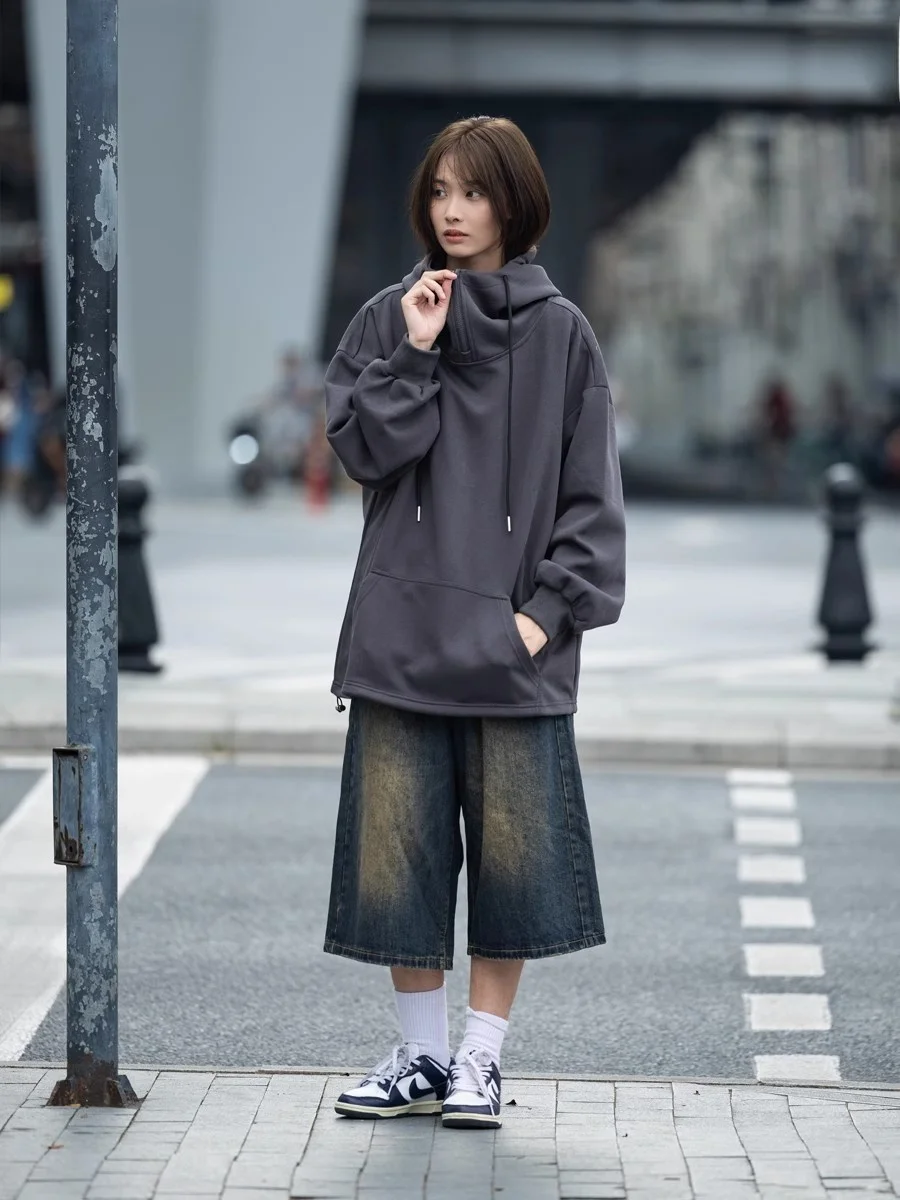 Retro Japanese Sle Hoodie Sweatirt ex Lazy Sle Casual Outerwear with Kangaroo ket Trendy  Color Zipper