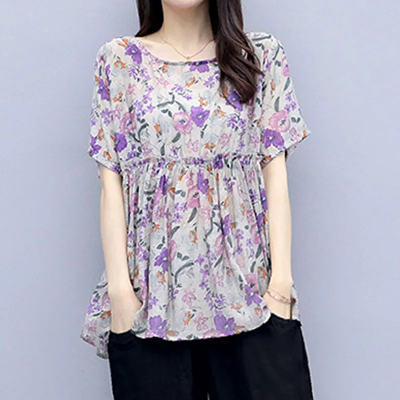 Fashion Loose Short Sleeve Floral Print T-shirt for Female 2023 Korean Casual Vintage Round Neck Tops Women\'s Clothing Summer