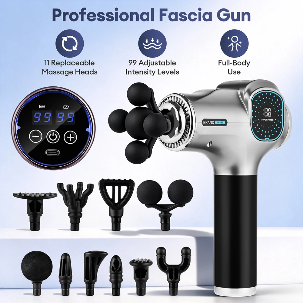 Professional 11-IN-1 Fascia Gun 99 Level Powerful High Frequency Vibration Body Massage Gun Muscle Relaxation Fascia Masajeador
