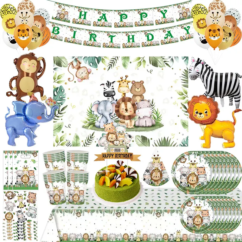 Decoração de Festa de Aniversário com Tema de Selva, Balões de Animais, Utensílios de Mesa, Copos, Pratos, Guardanapos, Banner, Fundo, Bandeirinhas, Suprimentos para Festa Infantil
