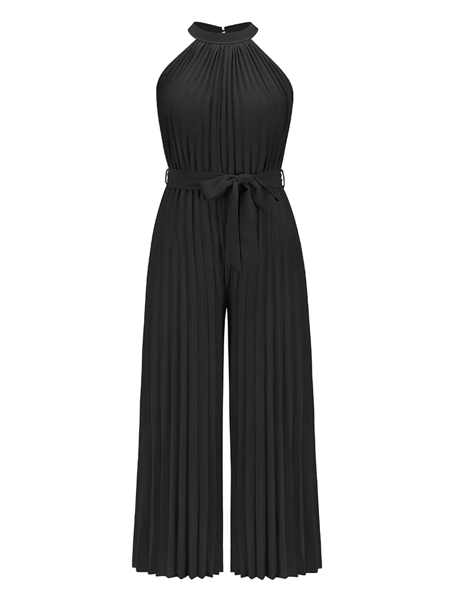 Women acute s  Suit Solid Color Sleeveless Back Keyhole Waist Bandage Pleated Wide-Leg Jumpsuit