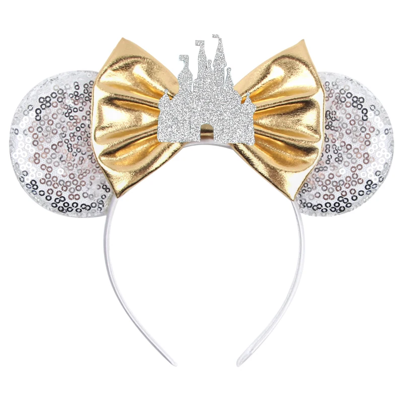 2023 Shiny Castle Mouse Ears Headband Sequins Crown 5IN Bow Hairband For Girls Princess Featival Party DIY Hair Accessories