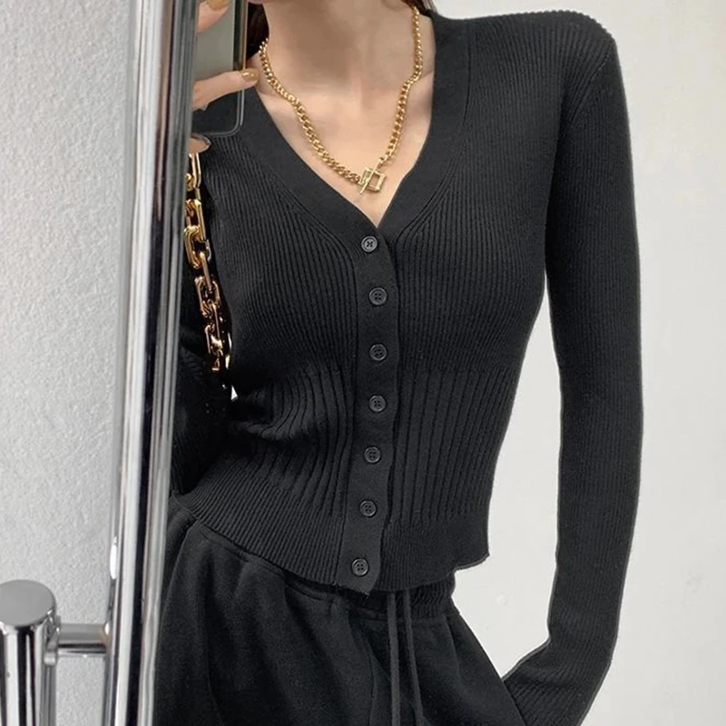 Korean Style Slim Fit Black Cardigan Woman Long Sleeve V Neck Cardigans Women 2024 Chic Solid Color Knitted Crop Tops Female