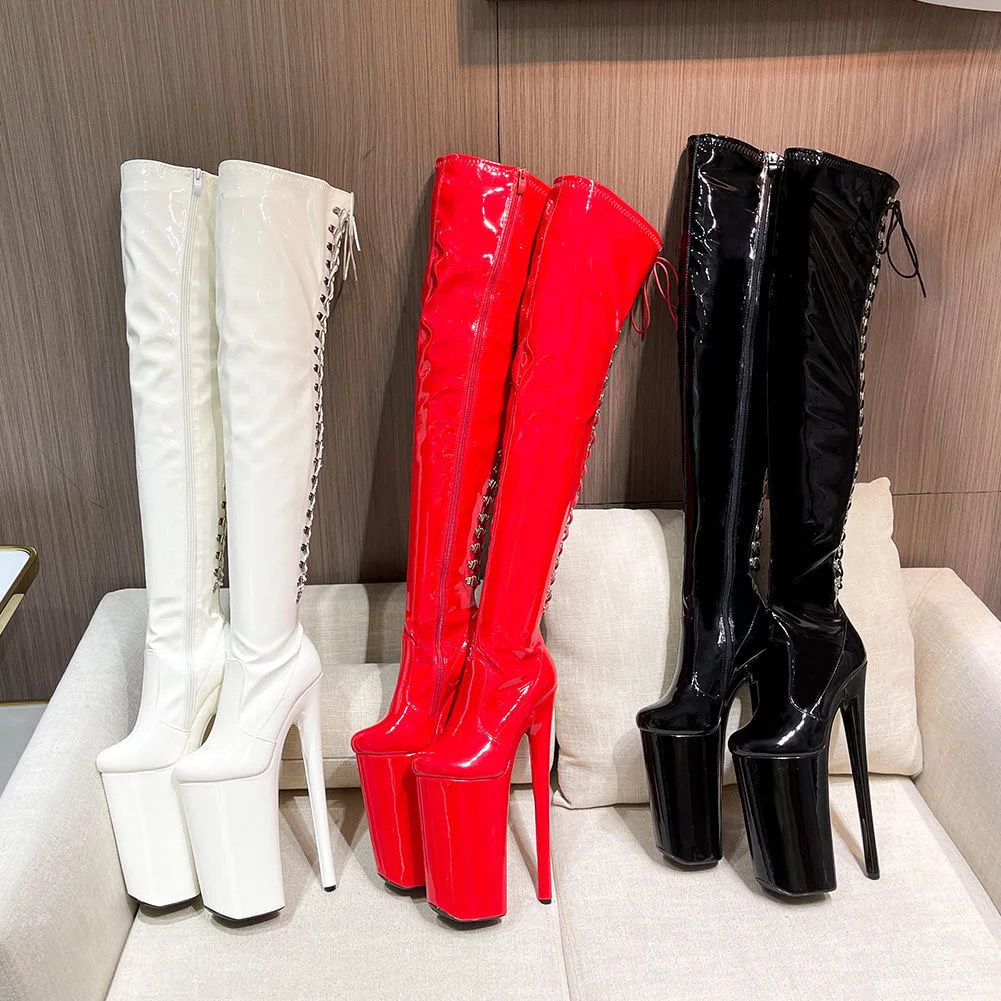 Ultra High Heel 26CM Platform Steel Pipe Dance Boots Lacquer Leather Large Over Knee Boots 58CM Boot Sleeve Sexy Fashion Boots