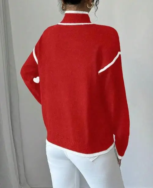 

2025 модный и универсальный жаккардовый вязаный свитер с сердечком, милый зимний стиль для девочек, повседневный свитер с высоким воротом и длинными рукавами