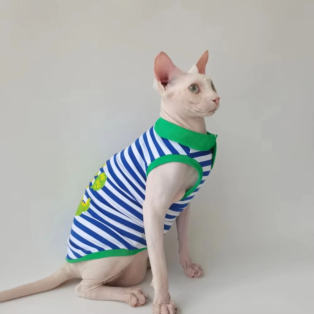 مجموعة سترة بولو على شكل ديناصور كرتوني للربيع/الصيف لـ Sphynx & Devon Rex - تي شيرت قطط مخطط فائق النعومة وجيد التهوية