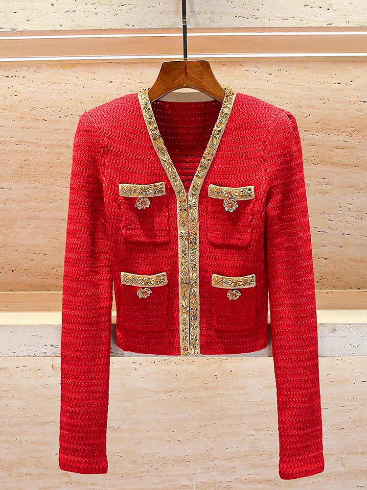 

Red Diamond Embellied V-Ne Knitted Cardigan Outerwear Cisas New Year High-End Women's Faion SP Nan You