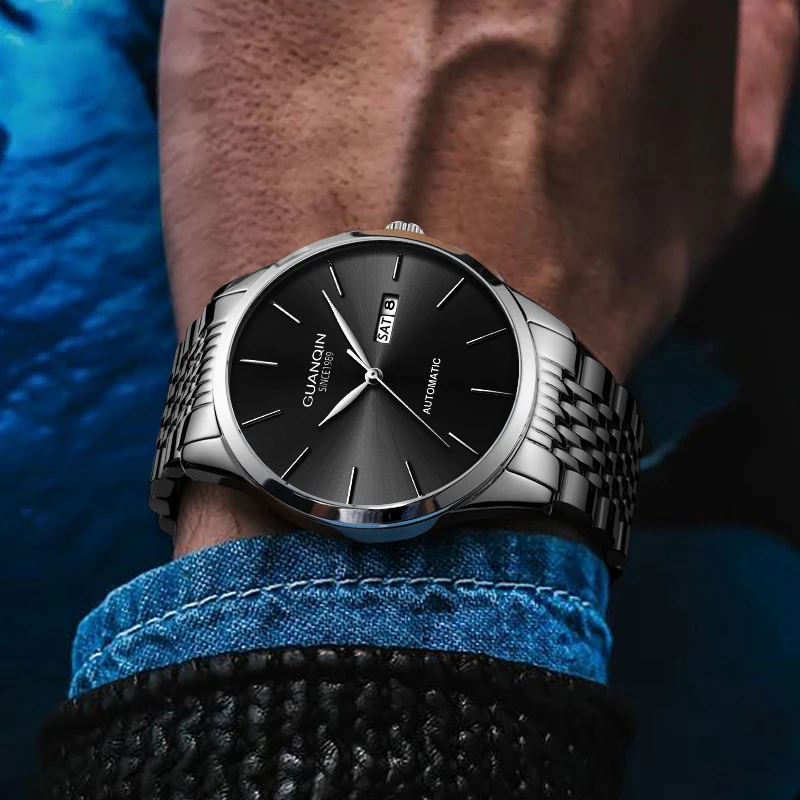 GUANQIN Luxury Men Mechanical Watch Genuine Movement Stainless Steel Case Dual Calendar Business Leisure 50M Waterproof Watches