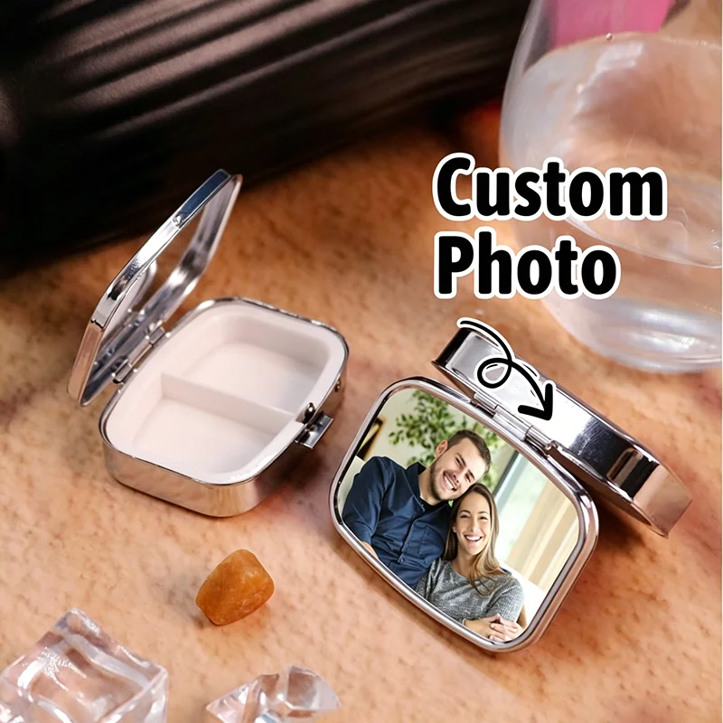 Custom Photo Pill Box 2 Compartments Mini Metal Medicine Case Portable Travel Pocket Pill Organizer Personalized Picture Vitamin