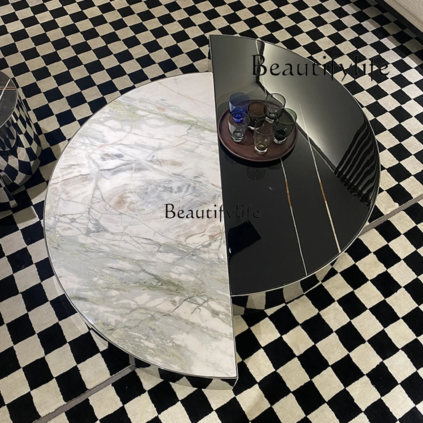 

QMinimalist Light Luxury Mirror Stainless Steel Luxury Stone Coffee Table Designer Black Gold Natural Marble Table