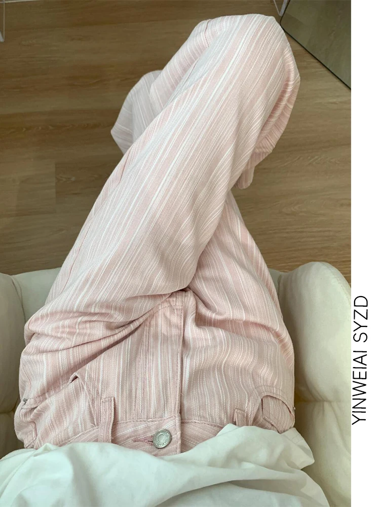 

High Waist Textured Stripe Pink Denim Jeans Women's Summer Thin Slimming Long Straight Wide Leg Pants Casual Straight Leg Jeans