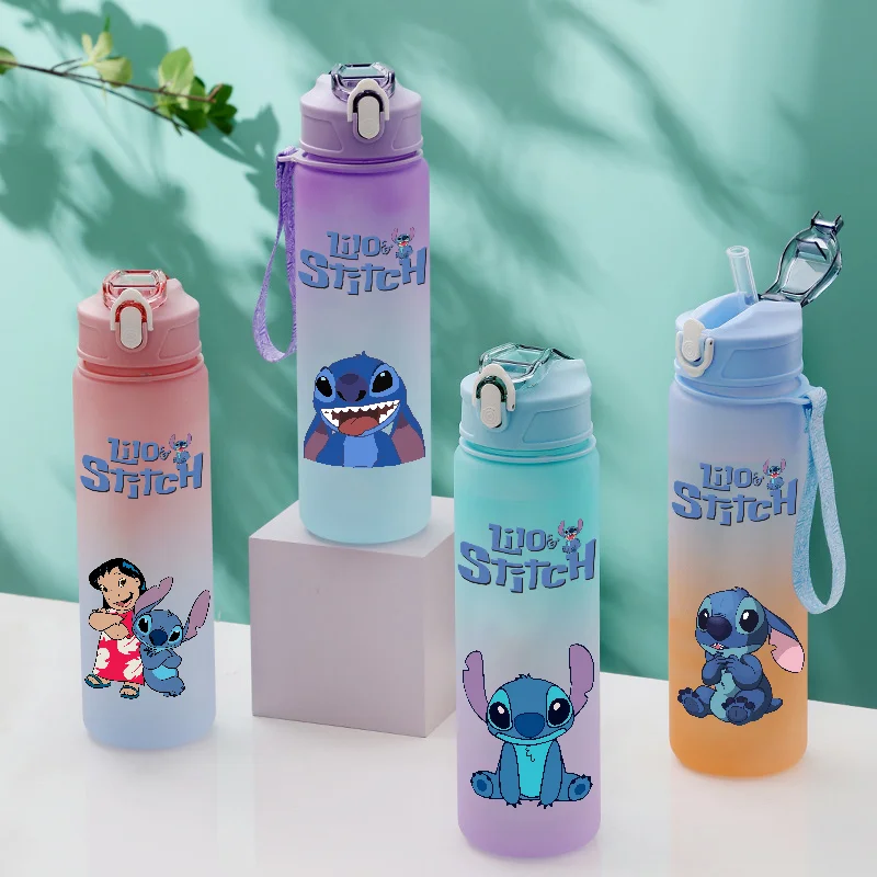 750Ml Disney Lilo Stitch Water Bottle with Straw Leak Proof Thickened Double Cup Portable Fitness Jug Colorful Drinking Cup