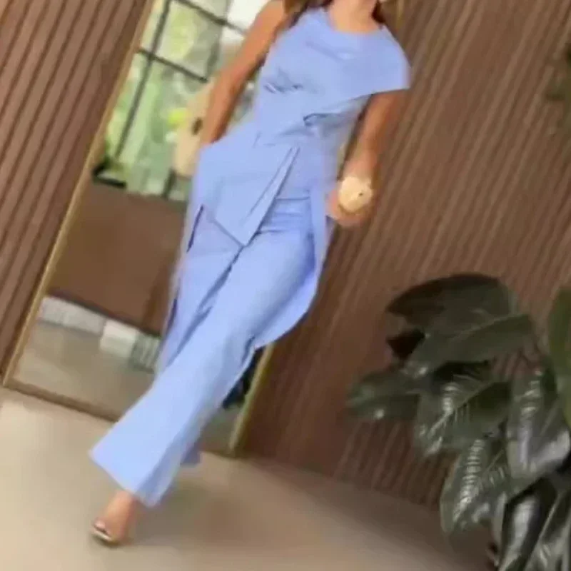 Jumpsuits Dames Eendelig Blauw Onregelmatigheid Elegante werkbroek Mouwloze overalls Wijde pijpen Lange broek Rompertjes Slim Fit Casual