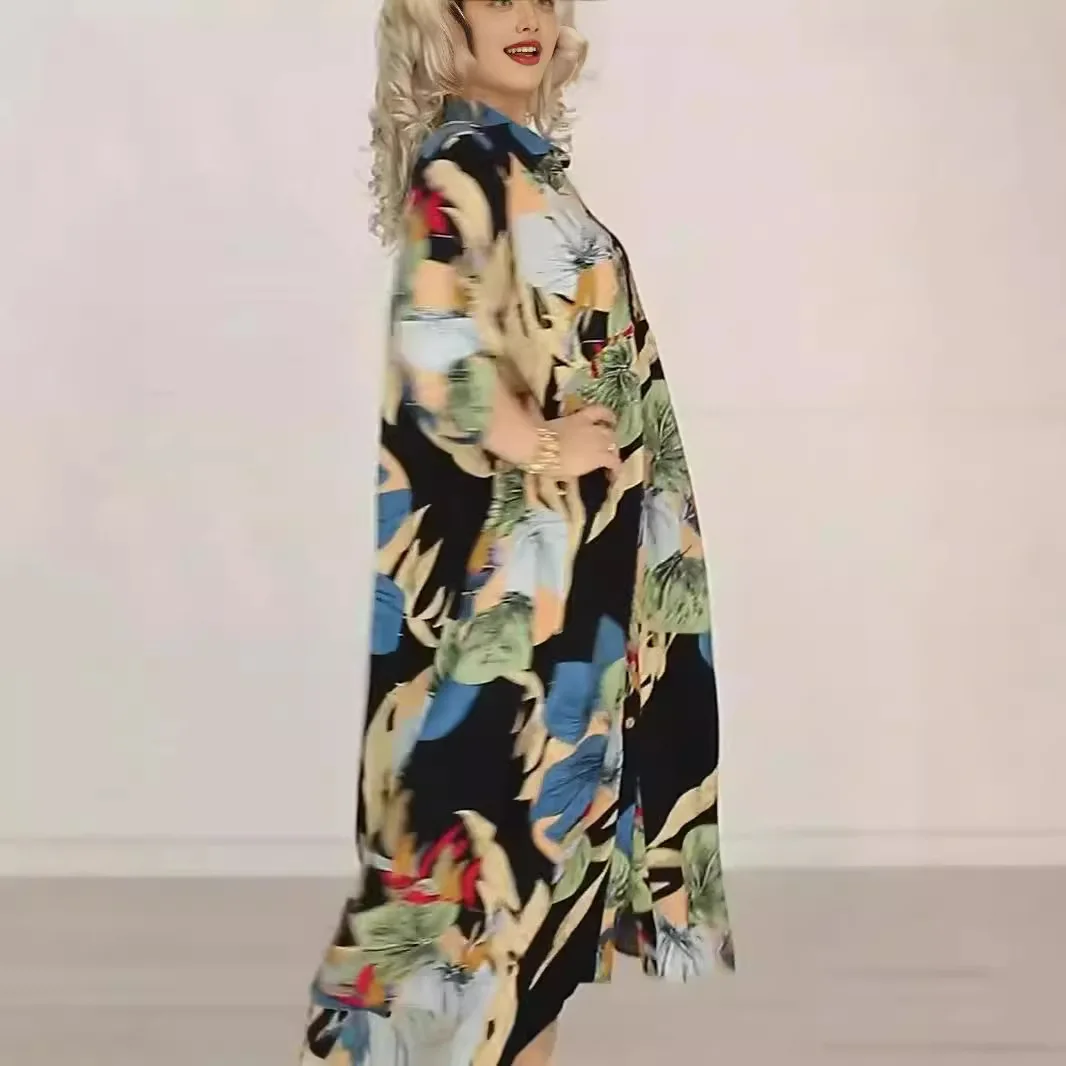 새로운 라펠 루즈한 컬러풀 프린트 드레스