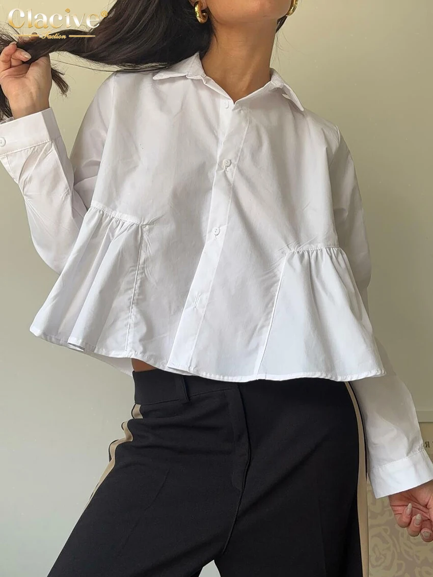 Clacive Fashion Loose White Women's Shirt 2025 Casual Stand Collar Long Sleeve Shirt Elegant Classic Lace-Up Top Female Clothing
