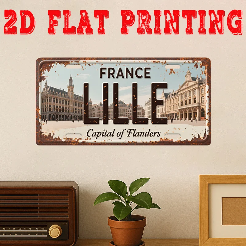 2D Flat, [Jit], 2d Flat Printing, 1pc, Vintage Metal Tin Sign, Decorative Sign (29.97 cm * 14.99 cm), Lille Capital of Flanders