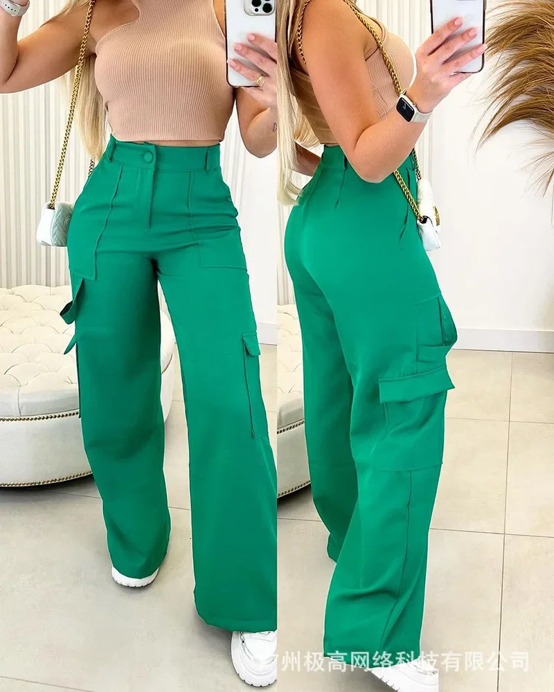 

Pocket Design Wide Leg Cargo Pants Women Full Length Summer Spring Casual Fashion Pants Trousers