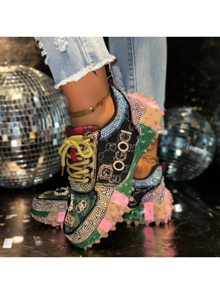 Chaussures de loisir à la mode chaussures à strass femmes luxe Sneakser diamant respirant Designers plate-forme décontractée chaussures de course antidérapantes