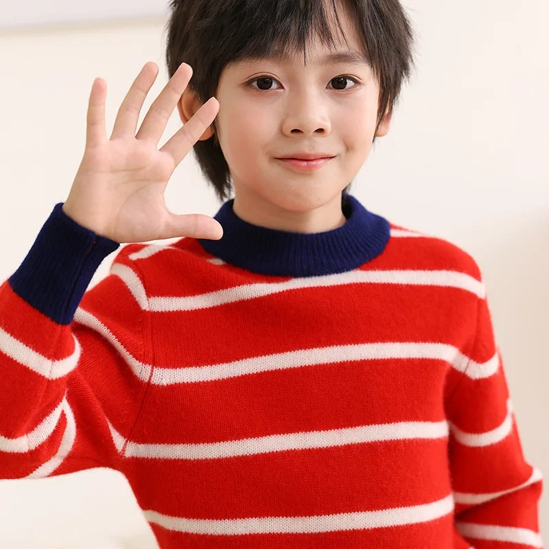 Double-Strand Thickened Wool Children's Same Pullover Autumn and Winter New Contrast Color Striped Long Sleeve Pullover