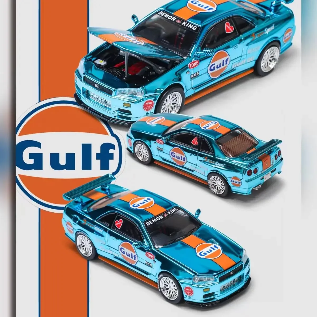 Car Demon King&DKA Gulf Oil 1:64 GTR R34 Alloy Car Model with Open Lid