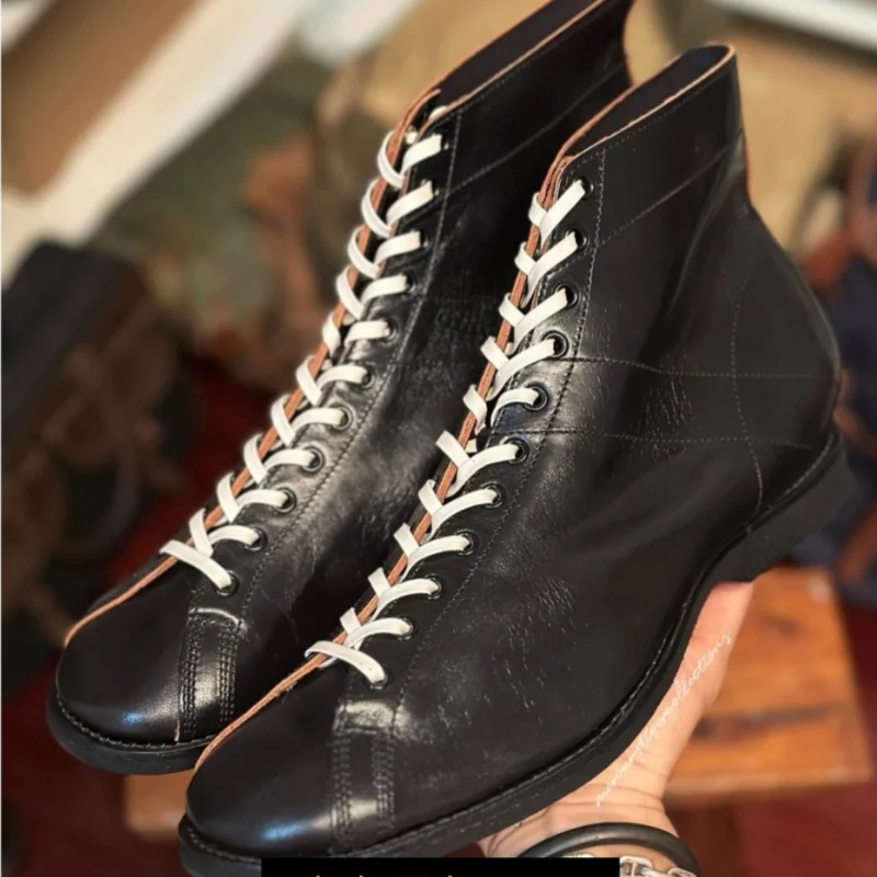 Retro Lace Up High Top Shoes Men's Leather Canvas Flat Bottomed Casual Sports Shoes Street Style Round Toe Boxing Boots