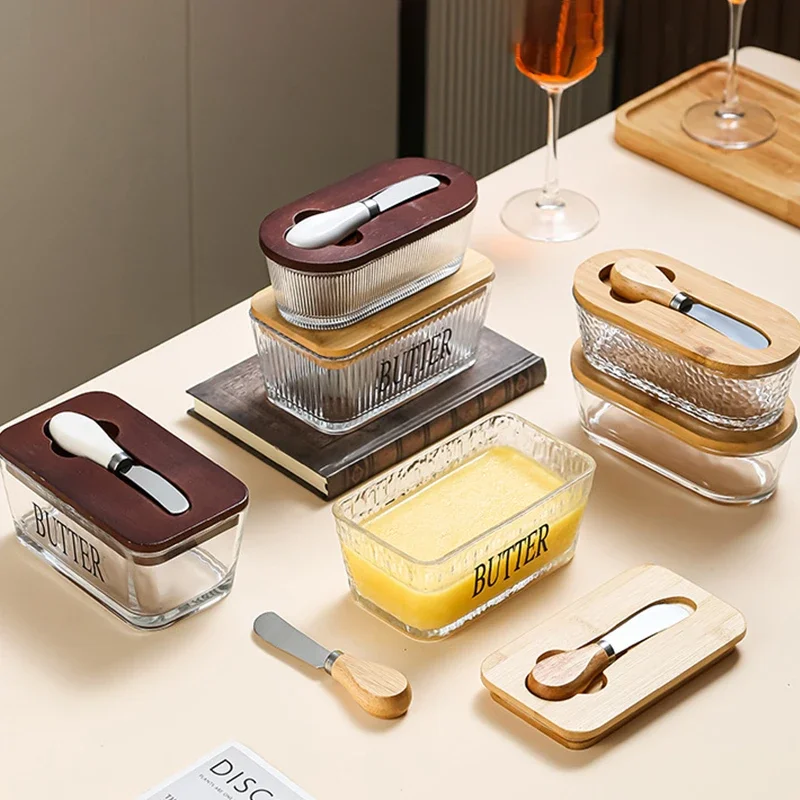1PCS Glass Butter Dish with Bamboo Lid And Knife Airtight Kitchen Storage Container for Countertops Ideal for Baking And Gifting
