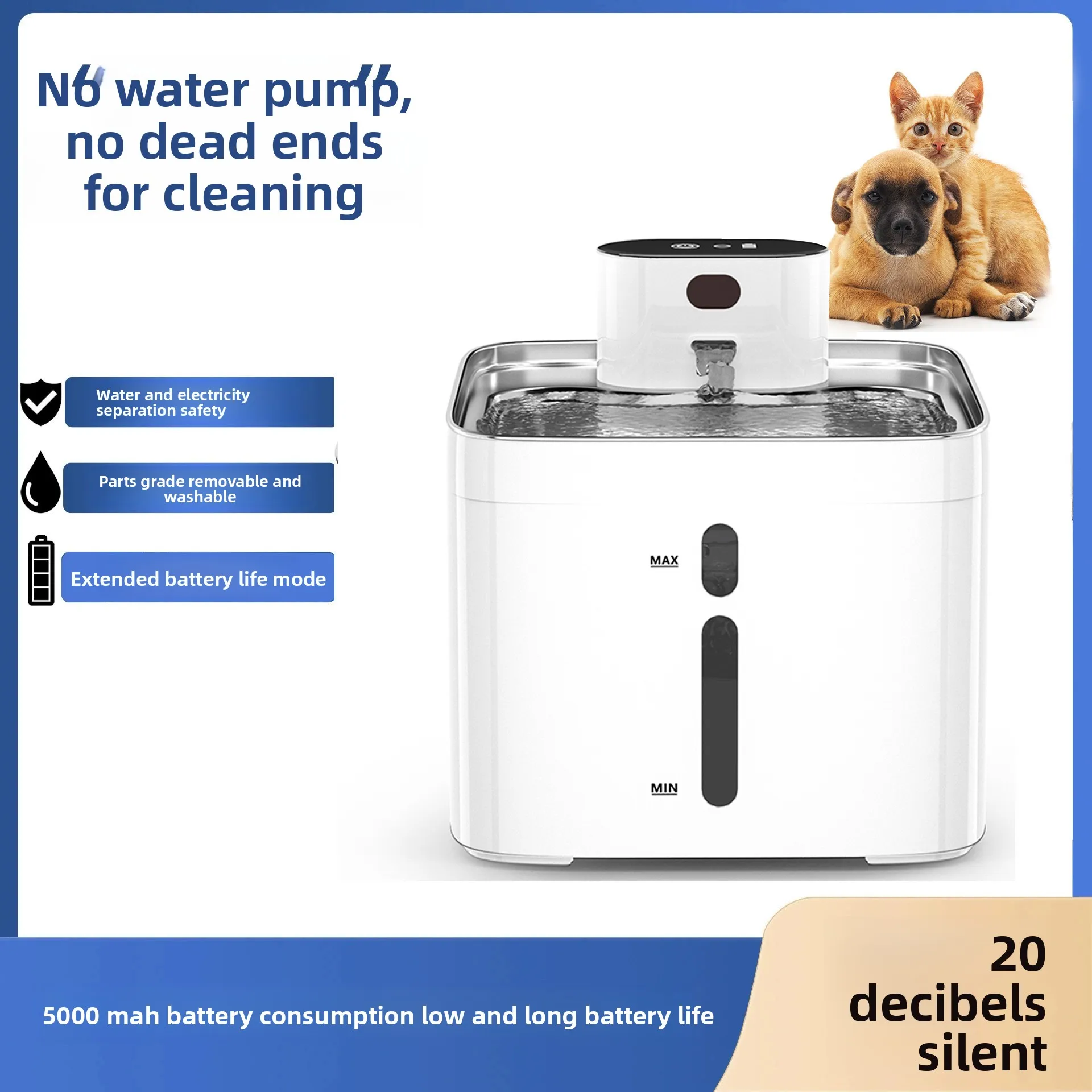 

Pet Cat Fountain Water Dispenser Stainless Steel Charging Automatic Circulation No Water Pump No Plug in Cat Supplies