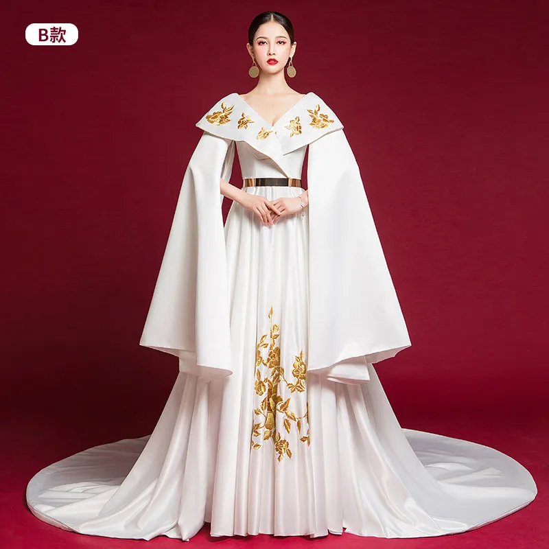 White Chinese Gold Thread Embroidered Pine Crane Bird Pattern Slim Fit Fish Tail Big Skirt Opening Ceremony Dress