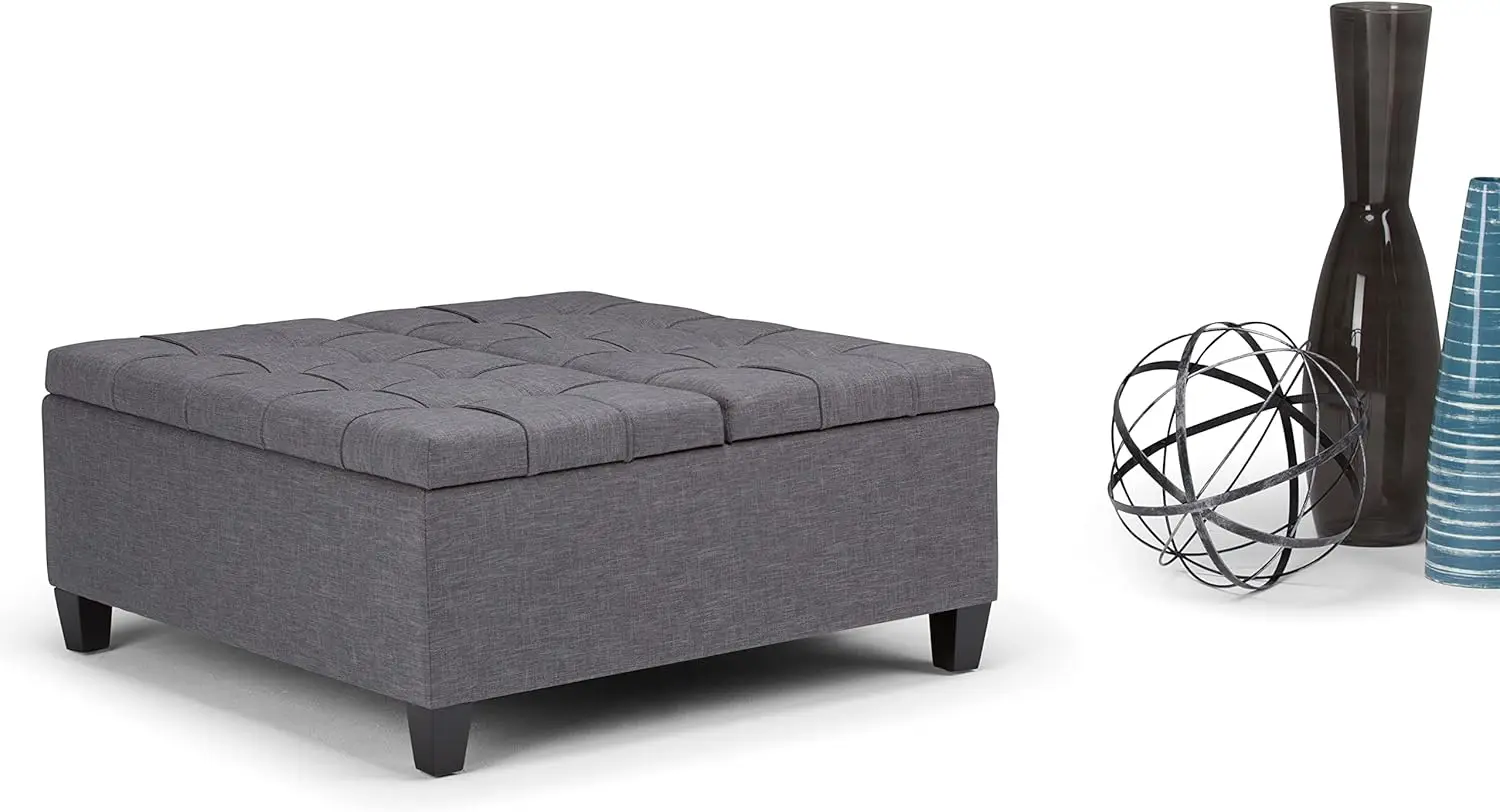 กว้าง 36 นิ้ว Transitional Square Coffee Table Storage Ottoman ใน Slate Grey Linen Look Fabric ประกอบแล้ว