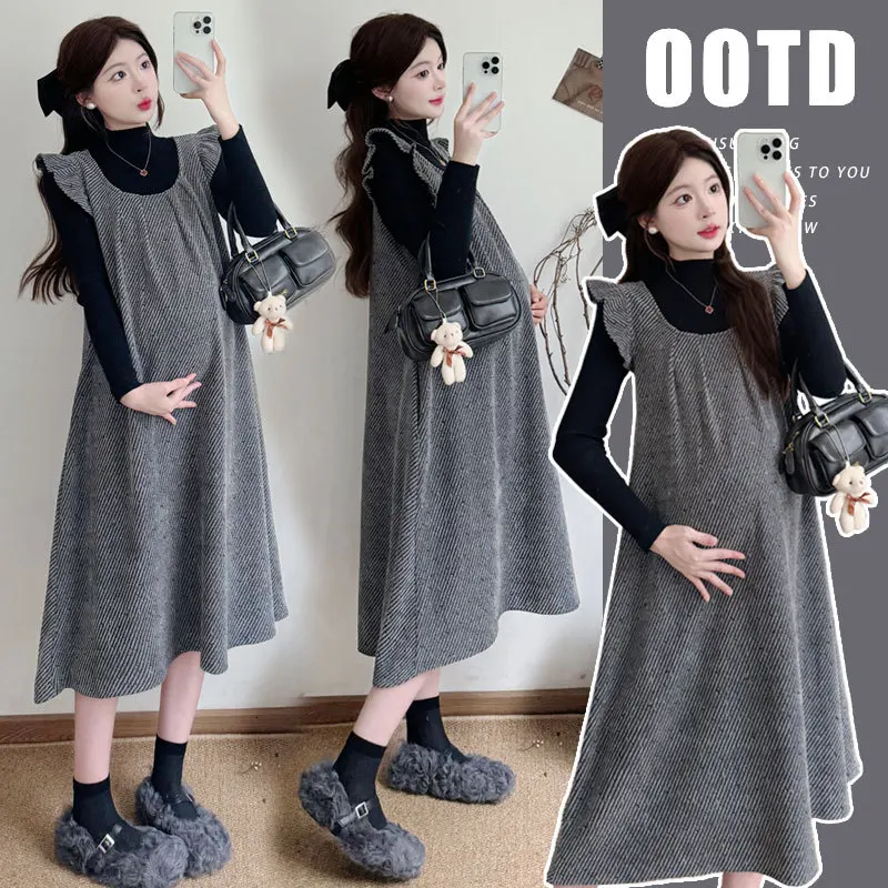 

Korean Style Maternity Set Flutter Sleeve Vest Dress with Knit Top Two Piece Belly Cover Outfit for Fall Winter Pregnant Women