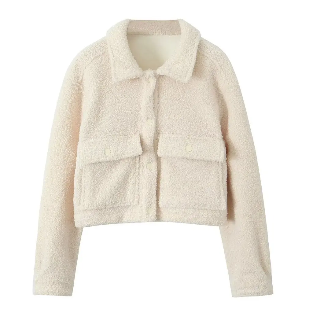 

Women's Retro Teddy Velvet Short Coat American Style Lapel Double-Sided Fluffy Winter Casual Single-Breasted Long Sleeve