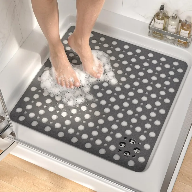 53X53cm Square Non Slip Shower Mat Bath Mat for Bathroom with Suction Cups and Drain Holes, Machine Washable, Soft on Feet
