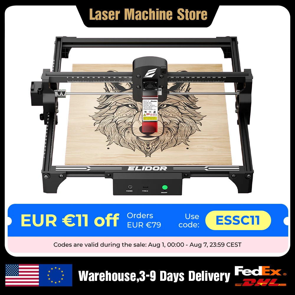 Elidor Z6 6W Máquina Grabadora Láser Cortadora CNC para Marcar Madera Área de Trabajo de 300 x 300 mm Máquina de Corte Láser Diodo para Bricolaje Doméstico Grabado de Logotipos Herramienta para Trabajar la Madera