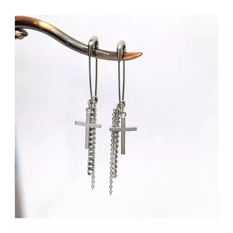 2022 Korean Wave New  Leeknow Same Stainless Steel Earring Pin Cross Chain Hip Hop Punk Men Accessories Lover Gift